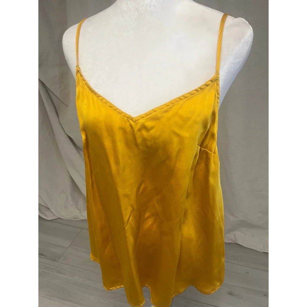 Floreat Anthropologie Cami Women Top Mustard Yellow Silk Sz L Satin V-Neck Boho - Picture 2 of 7